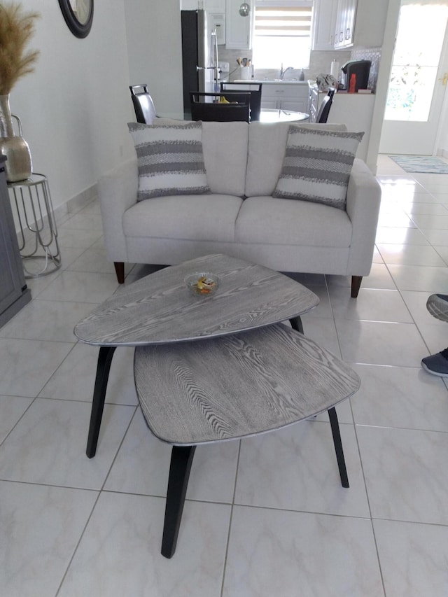 tiled living room with sink