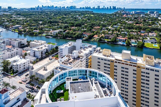 bird's eye view with a water view