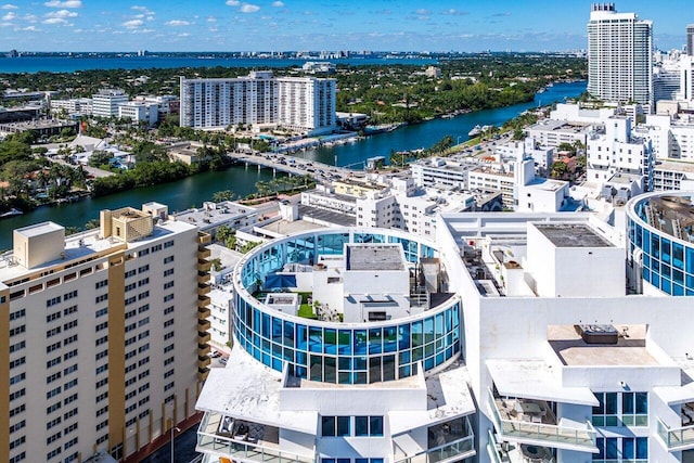 drone / aerial view with a water view