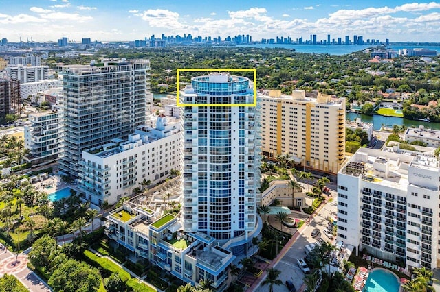 aerial view featuring a water view