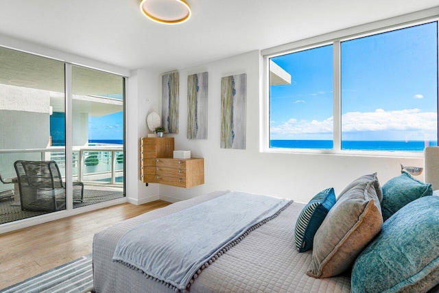 bedroom with light wood-type flooring, a view of the beach, and a water view