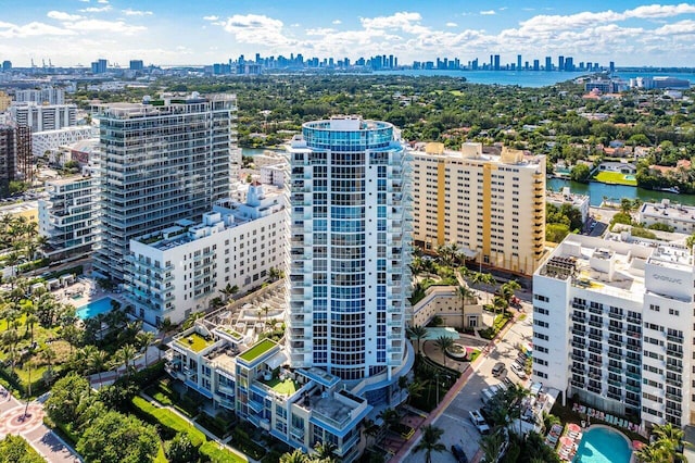 aerial view featuring a water view