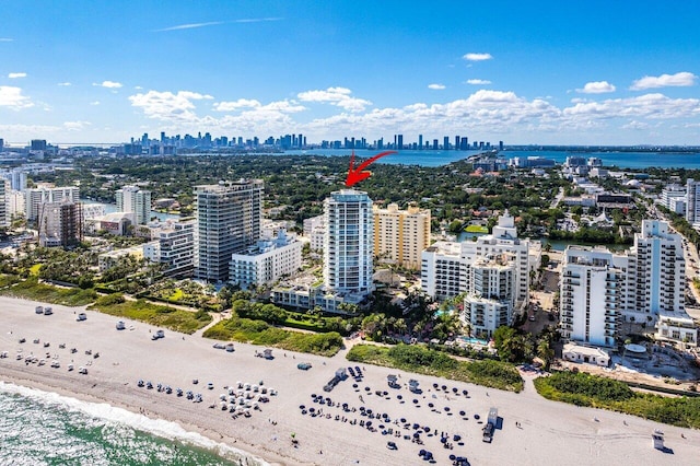 aerial view featuring a beach view and a water view