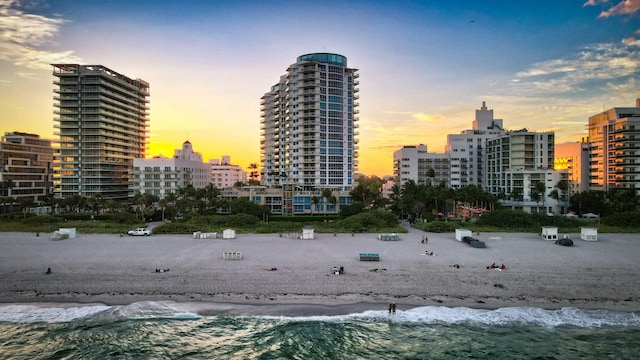 view of city featuring a water view and a view of the beach