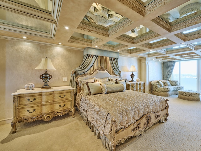 bedroom with coffered ceiling, light colored carpet, crown molding, and beamed ceiling