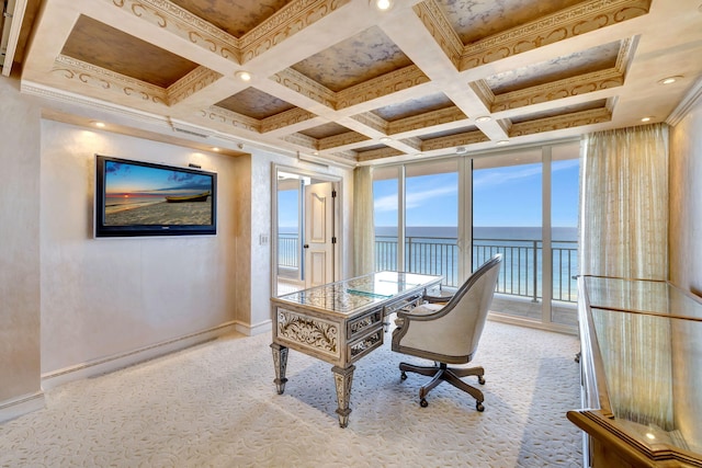 office with beam ceiling, ornamental molding, light carpet, coffered ceiling, and baseboards