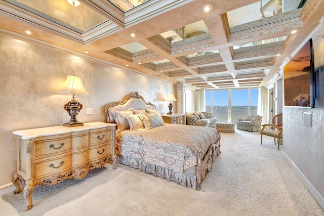 bedroom with ornamental molding, light carpet, coffered ceiling, beamed ceiling, and baseboards