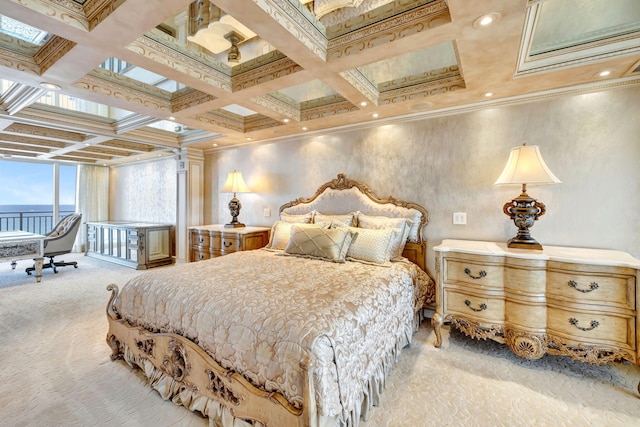 bedroom with ornamental molding, beamed ceiling, coffered ceiling, and light colored carpet