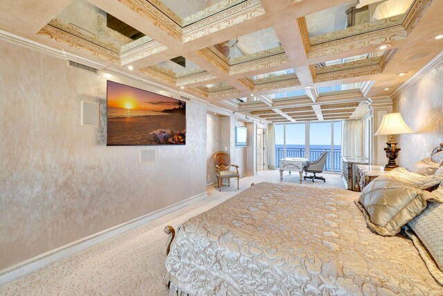 carpeted bedroom featuring visible vents, ornamental molding, access to outside, coffered ceiling, and beamed ceiling