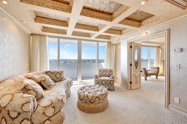 living room featuring light carpet, a water view, coffered ceiling, and crown molding