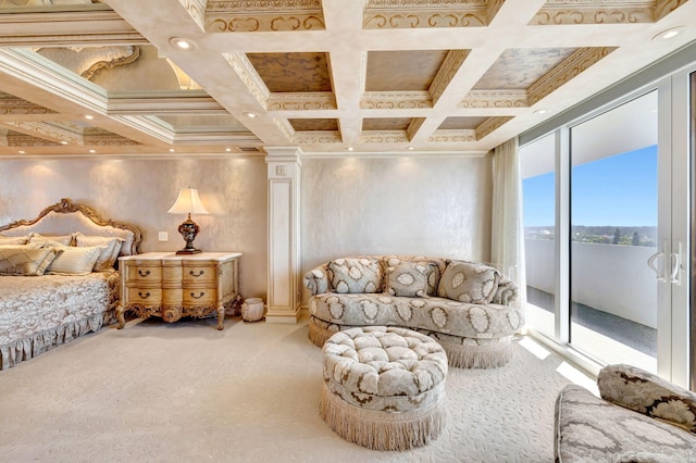 carpeted bedroom featuring coffered ceiling, access to exterior, crown molding, beam ceiling, and recessed lighting