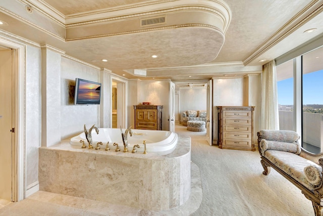 full bathroom featuring visible vents, ornamental molding, a garden tub, a tray ceiling, and recessed lighting