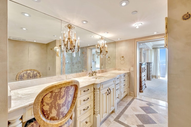 full bathroom featuring recessed lighting, visible vents, and vanity