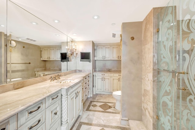 bathroom featuring recessed lighting, visible vents, vanity, and toilet