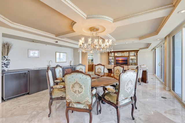 dining space featuring marble finish floor, ornamental molding, a chandelier, and coffered ceiling