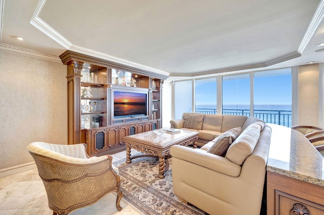 living area with recessed lighting and crown molding