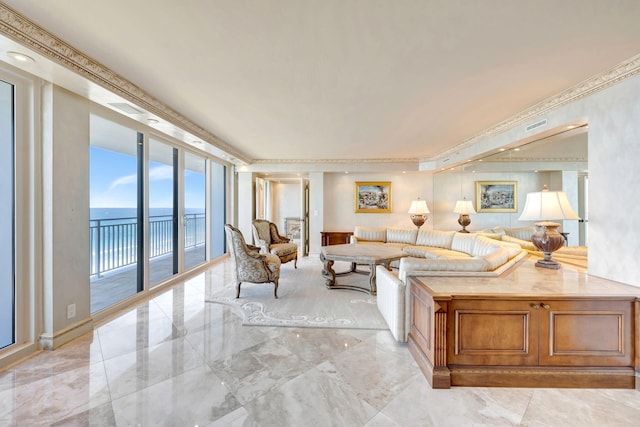 unfurnished living room with marble finish floor, ornamental molding, and a water view