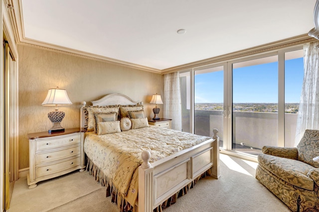 bedroom featuring light carpet, access to exterior, and crown molding