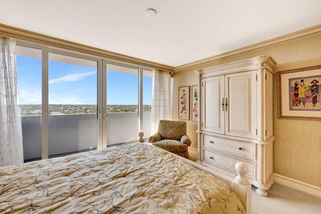 bedroom featuring multiple windows, light colored carpet, and crown molding