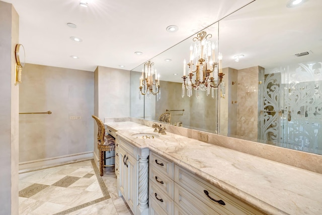 bathroom featuring recessed lighting, visible vents, baseboards, and vanity