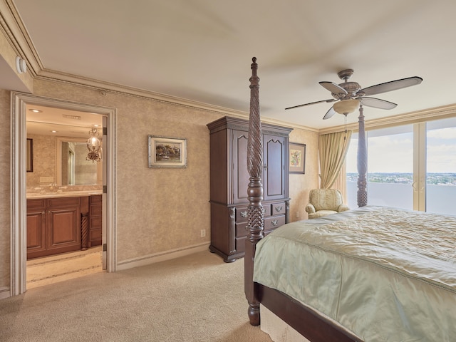 bedroom featuring ornamental molding, light carpet, access to exterior, a water view, and ceiling fan