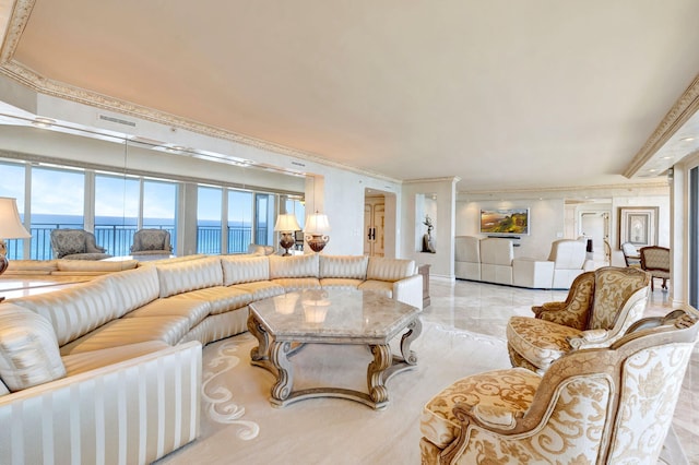 living area featuring marble finish floor, a water view, visible vents, and crown molding