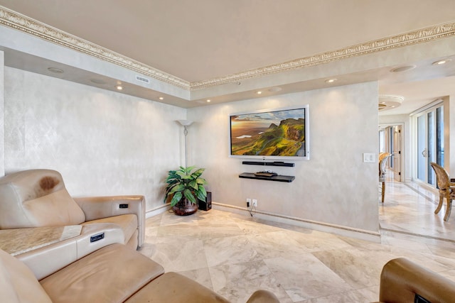 living room with marble finish floor, recessed lighting, visible vents, and baseboards