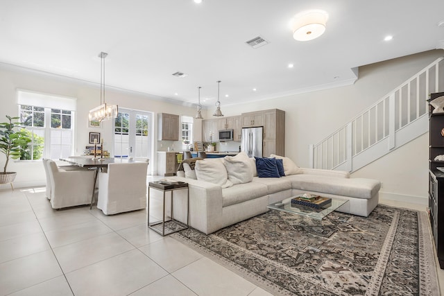 tiled living room with crown molding