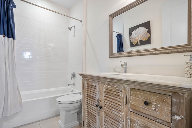 full bathroom featuring vanity, shower / tub combo, toilet, and tile patterned floors