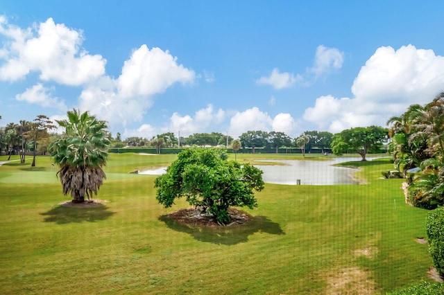 view of property's community featuring a water view and a lawn