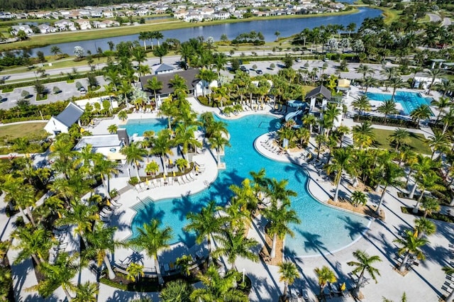 drone / aerial view with a water view