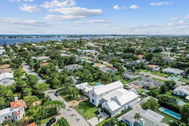 drone / aerial view featuring a water view