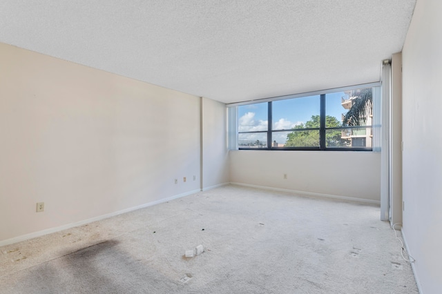 empty room with a textured ceiling and light colored carpet