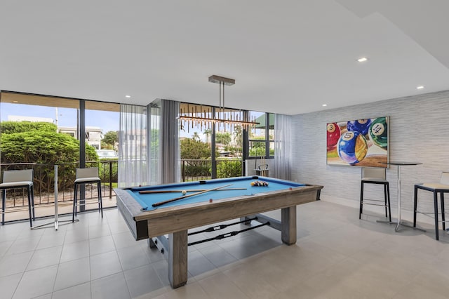 playroom with billiards, healthy amount of natural light, recessed lighting, and tile patterned floors