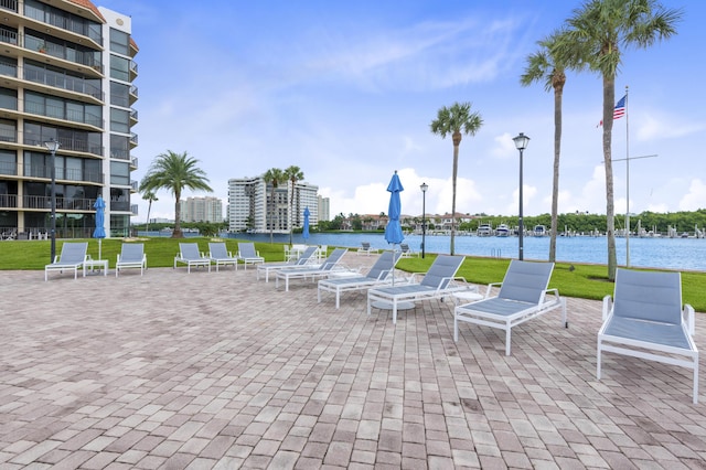 view of patio / terrace featuring a water view