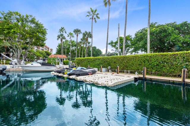 view of pool with a water view and a dock