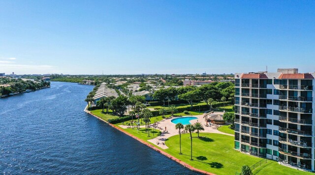 bird's eye view with a water view