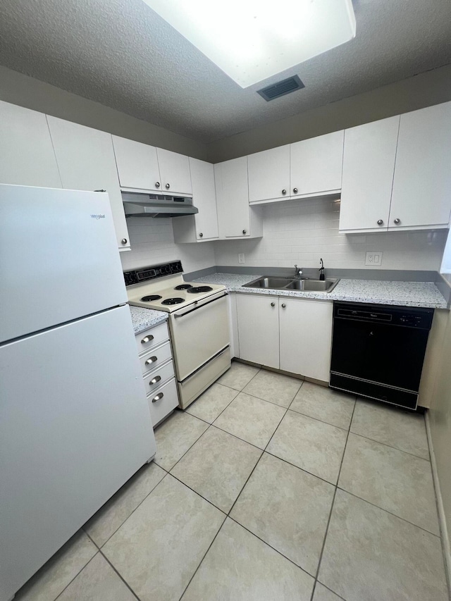 kitchen featuring white cabinetry, white appliances, and sink