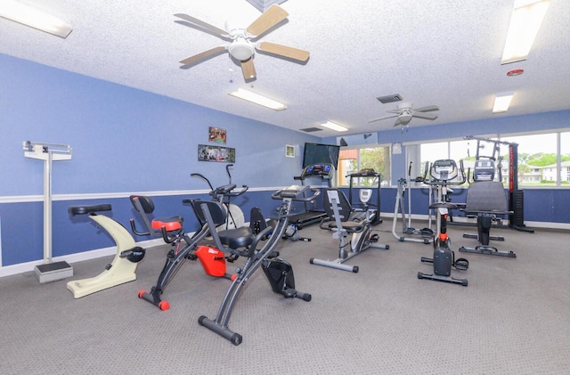 workout area featuring ceiling fan, plenty of natural light, and a textured ceiling