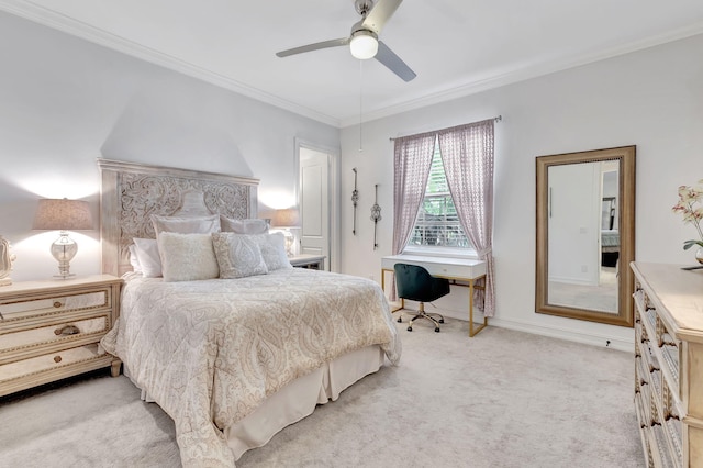 bedroom featuring light carpet, ceiling fan, and ornamental molding