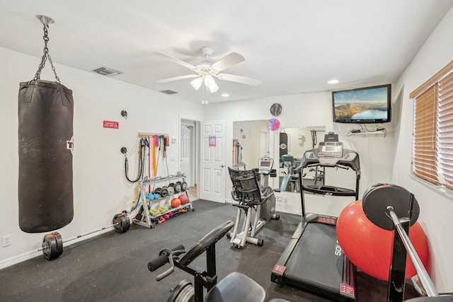 workout room with ceiling fan