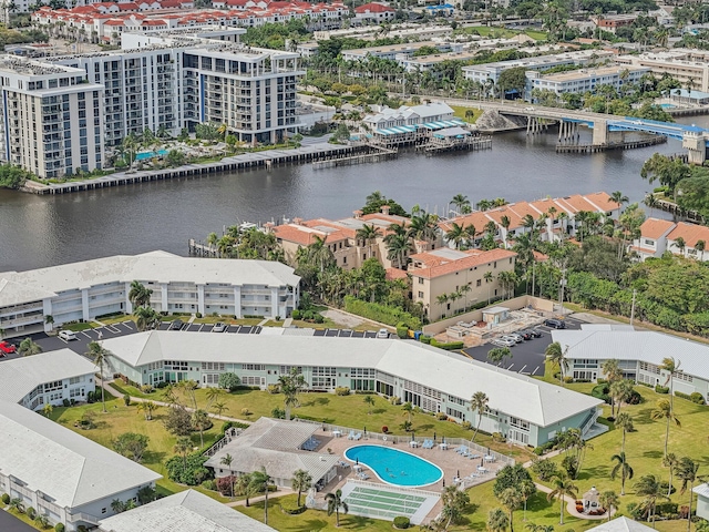 drone / aerial view featuring a water view