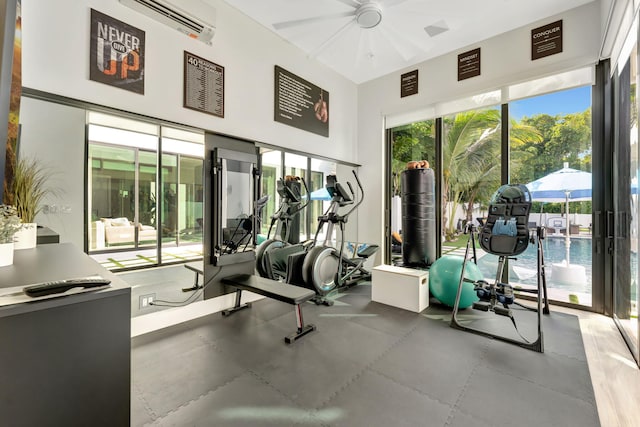 exercise room featuring a wall mounted air conditioner and hardwood / wood-style floors