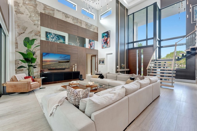 living room with a high ceiling