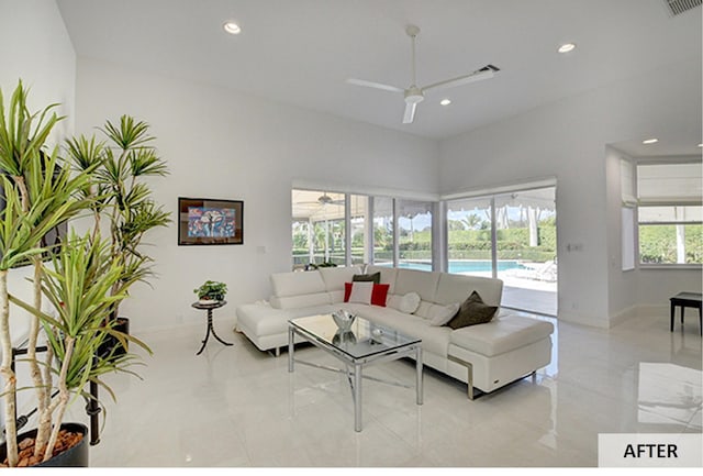 living room with plenty of natural light and a high ceiling