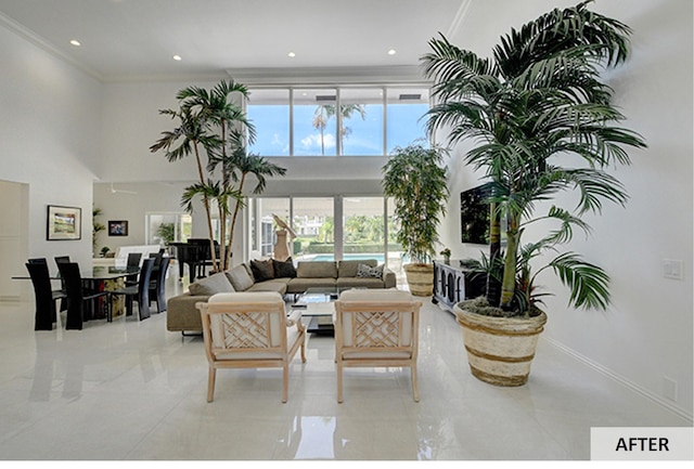 tiled living room featuring a healthy amount of sunlight and a towering ceiling