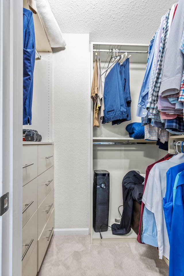 walk in closet with light carpet