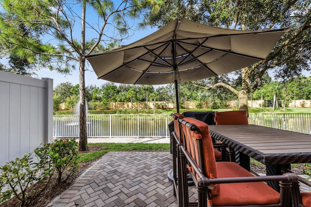 view of patio / terrace featuring a water view