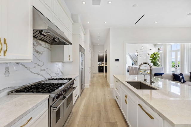 kitchen with white cabinetry, sink, premium appliances, and wall chimney exhaust hood