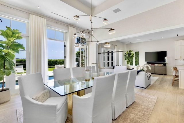 dining space with light wood-type flooring, visible vents, and recessed lighting